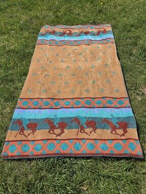 VTG Royal Terry Beach Towel Polo Players Equestrian Horse Scene Camel Teal